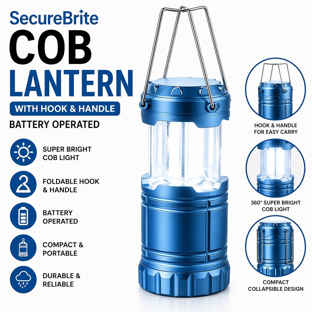 SecureBrite Large COB Lantern Battery Operated Collapsible LED Light Blue Pastel